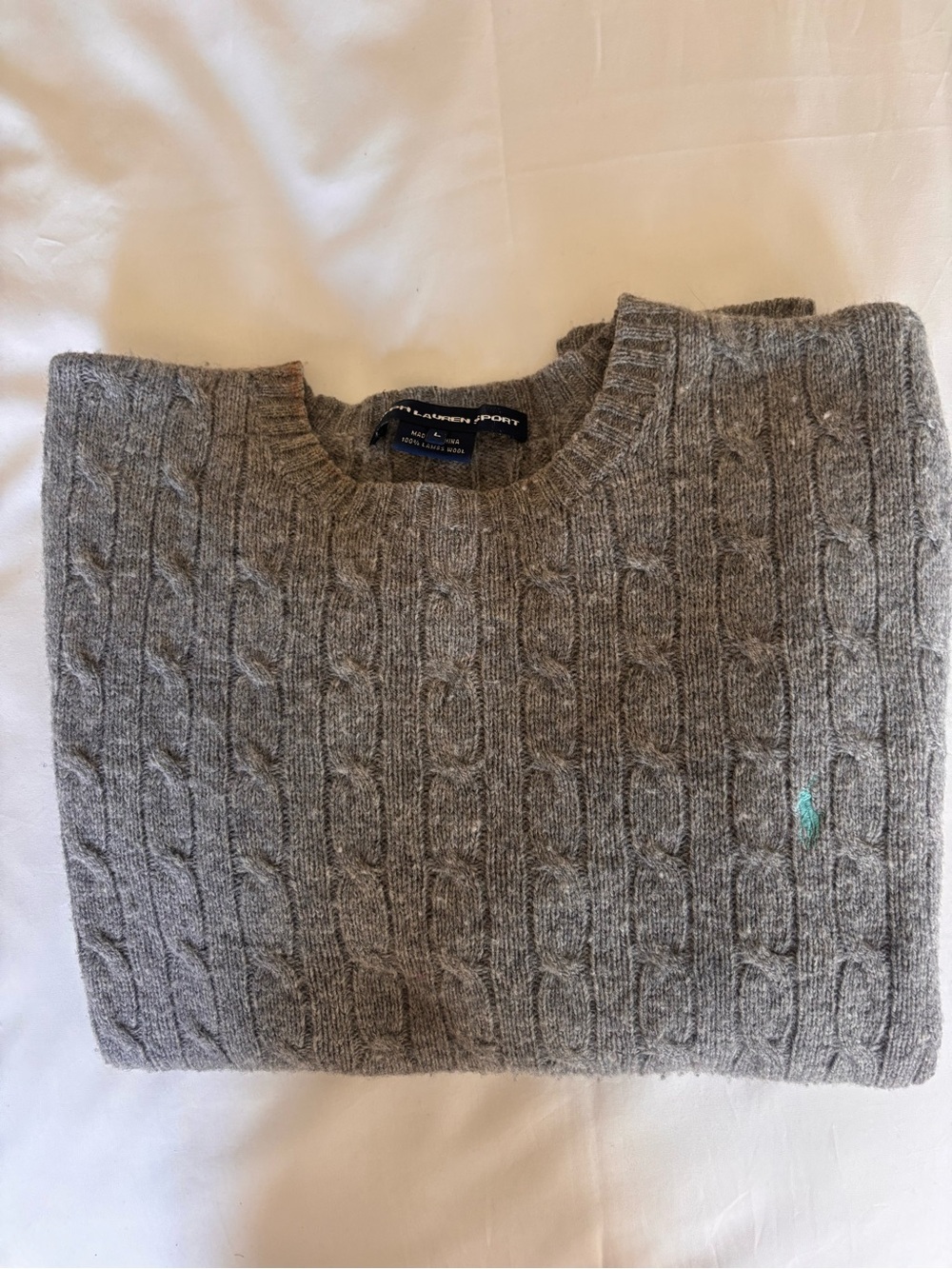 Ralph Lauren Heather Gray Cable Crewneck Sweater with Mint Polo Pony, size LARGE